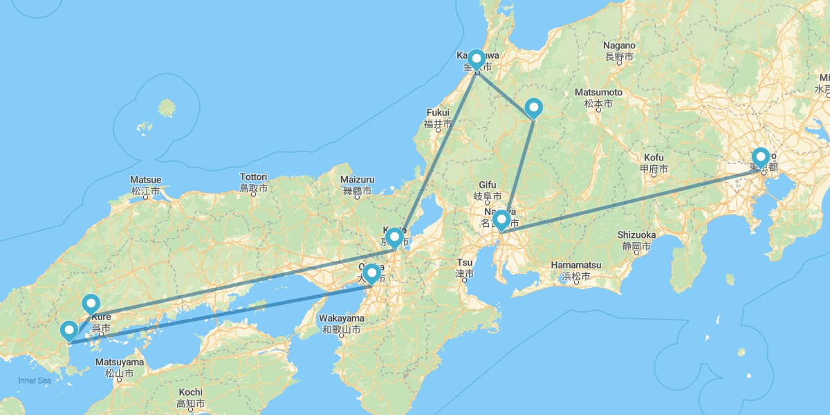 Tokyo, Nagoya, Takayama, Kanazawa, Kyoto, Hiroshima, Miyajima und Osaka