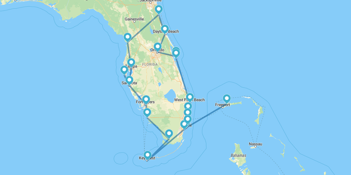 Route entlang der Küste von Florida, Orlando und Grand Bahama