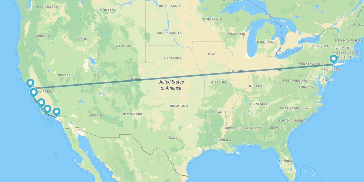 Route der Küste Kaliforniens, von Los Angeles nach San Francisco und New York