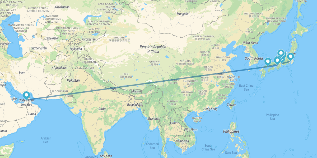 Tokyo, Nagoya, Takayama, Kanazawa, Kyoto, Hiroshima, Osaka und Dubai