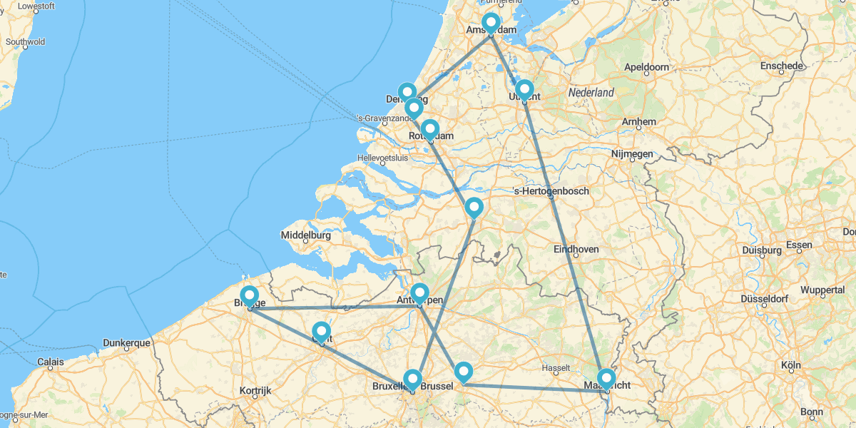 Route durch die ikonischen Städte der Niederlande und Flanderns