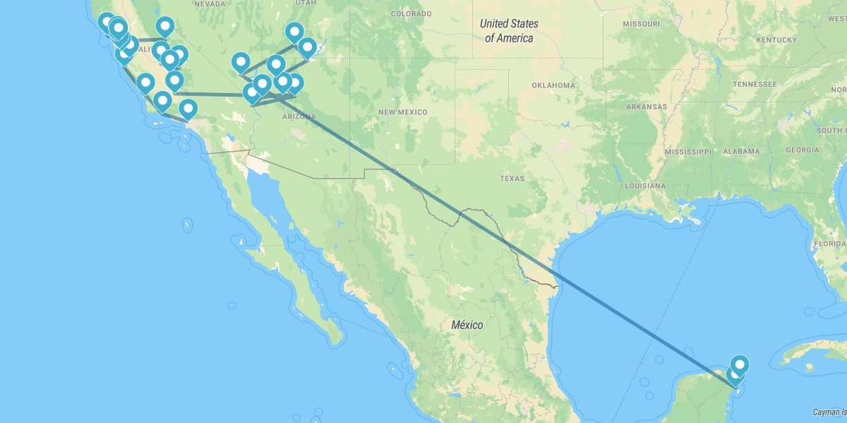 Route von Kalifornien nach Nevada mit Naturparks und Riviera Maya