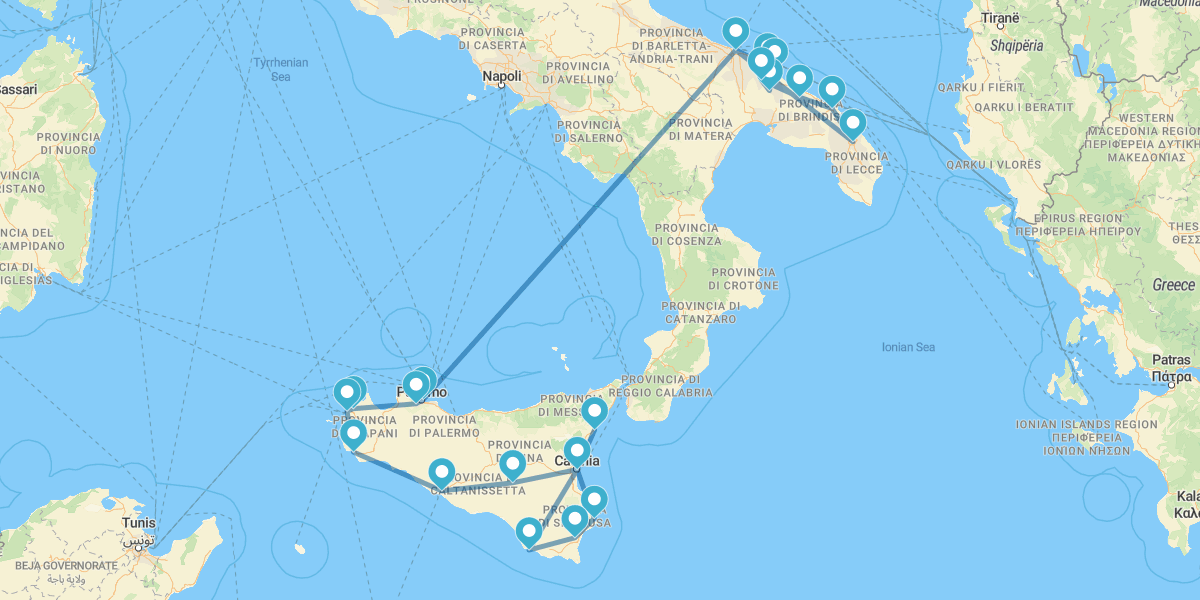 Große Route durch die Höhepunkte Apuliens und Siziliens, von Palermo nach Catania