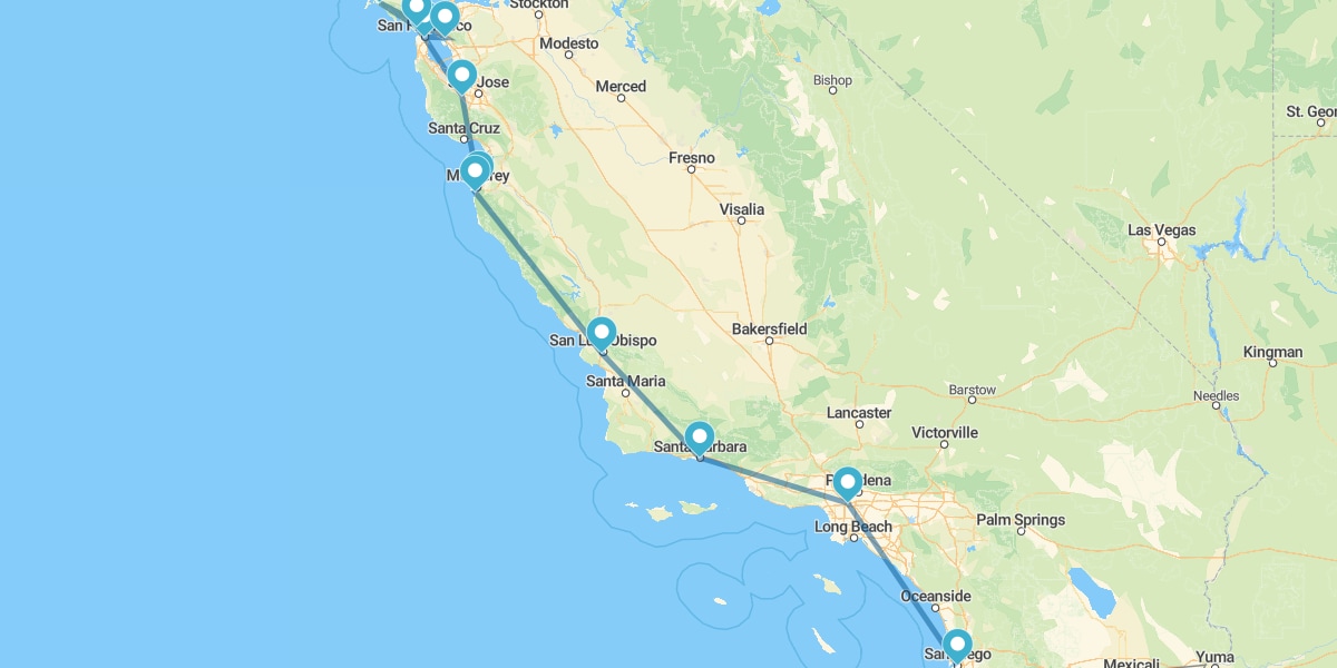 Route entlang der Kalifornischen Küste, von San Francisco nach San Diego