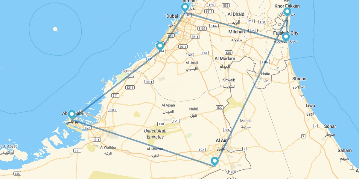 Route durch die Vier Arabische Emirate