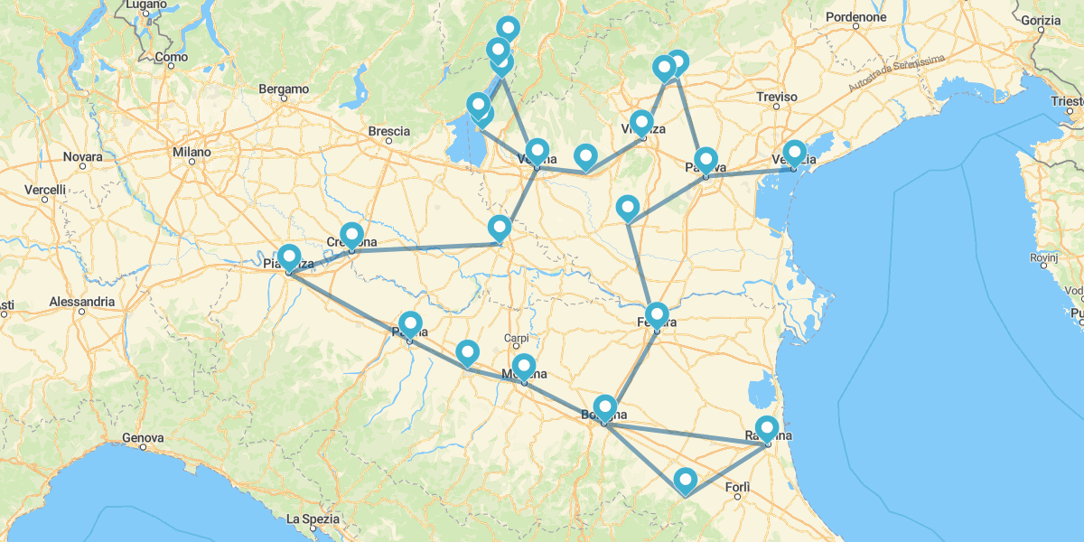 Route durch Venetien und die Emilia-Romagna