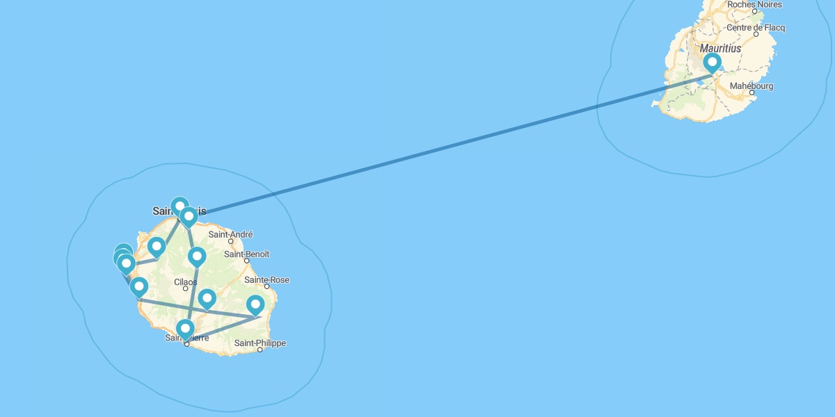 Route durch Reunion mit Stränden auf Mauritius