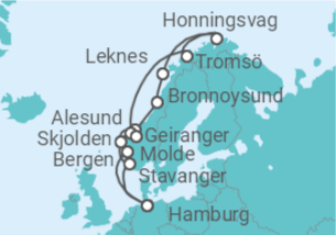 Reiseroute der Kreuzfahrt  Norwegens einzigartige Fjordwelt und das Nordkap - mit Flug - Hapag-Lloyd Cruises