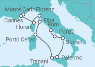 Reiseroute der Kreuzfahrt  Vom glamourösen Fürstentum nach Bella Italia - mit Flug - Hapag-Lloyd Cruises