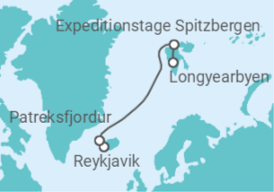 Reiseroute der Kreuzfahrt  Expedition Island und Spitzbergen - Naturschauspiele in zwei ungezähmten Nordwelten - mit Flug - Hapag-Lloyd Cruises