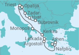 Reiseroute der Kreuzfahrt  Dalmatiens Charme und der Zauber der griechischen Inseln - mit Flug - Hapag-Lloyd Cruises