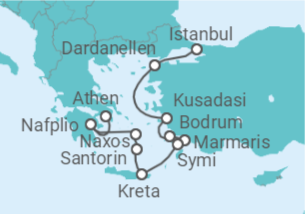 Reiseroute der Kreuzfahrt  Türkische Kulturschätze und griechische Gastfreundschaft - mit Flug - Hapag-Lloyd Cruises