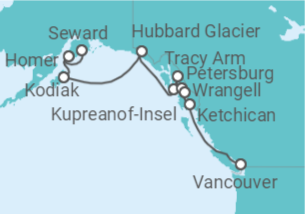 Reiseroute der Kreuzfahrt  Alaska (Inside Passage Kurs Süd) – Abenteuerkurs durch ungebändigte Natur - mit Flug - Hapag-Lloyd Cruises