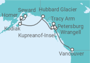 Reiseroute der Kreuzfahrt  Alaska (Inside Passage Kurs Nord) – Wildniswunder auf verschlungenen Seewegen - mit Flug - Hapag-Lloyd Cruises