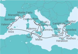 Reiseroute der Kreuzfahrt  Von Athen (Piräus) nach Monte Carlo, Monaco - Oceania Cruises