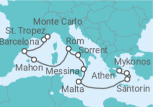 Reiseroute der Kreuzfahrt  Von Athen (Piräus) nach Monte Carlo, Monaco - Oceania Cruises