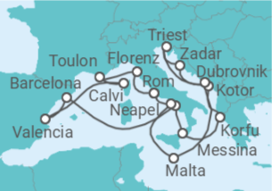 Reiseroute der Kreuzfahrt  Italien, Frankreich, Spanien, Griechenland, Montenegro, Kroatien, Malta - Cunard