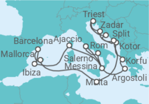 Reiseroute der Kreuzfahrt  Griechenland, Montenegro, Kroatien, Italien, Malta, Spanien, Frankreich - Cunard