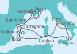 Reiseroute der Kreuzfahrt  Spanien, Frankreich, Italien - Cunard