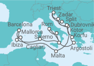 Reiseroute der Kreuzfahrt  Spanien, Italien, Griechenland, Montenegro, Kroatien, Malta - Cunard