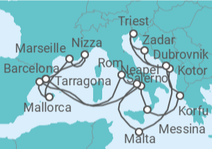 Reiseroute der Kreuzfahrt  Italien, Griechenland, Montenegro, Kroatien, Malta, Spanien, Frankreich - Cunard