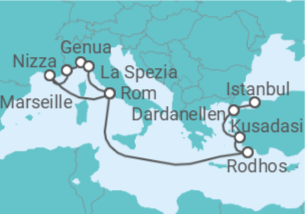 Reiseroute der Kreuzfahrt  Von Civitavecchia (Rom) nach Istanbul (Türkei) - Cunard
