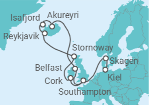 Reiseroute der Kreuzfahrt  Island & Britische Inseln  - mit Flug - Cunard