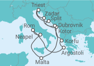 Reiseroute der Kreuzfahrt  Griechenland, Montenegro, Kroatien, Italien, Malta - Cunard