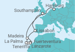 Reiseroute der Kreuzfahrt  Feiertage Kanaren ab Hamburg 2026 - Cunard