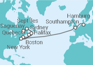 Reiseroute der Kreuzfahrt  Von New York (USA) nach Hamburg - mit Flug - Cunard