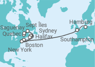 Reiseroute der Kreuzfahrt  Von Southampton (England) nach Hamburg - mit Flug - Cunard