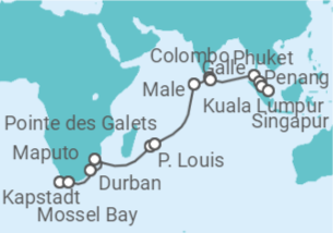 Reiseroute der Kreuzfahrt  Von Kapstadt (Südafrika) nach Singapur - Oceania Cruises