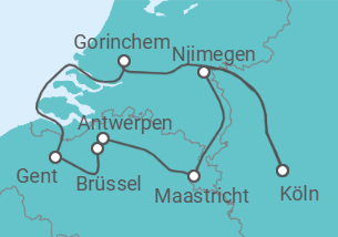 Reiseroute der Kreuzfahrt  Köln • Brüssel • Antwerpen • Maastricht • Köln - Nicko Cruises