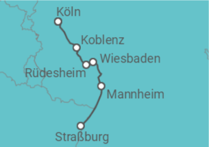 Reiseroute der Kreuzfahrt  Köln • Wiesbaden • Straßburg • Koblenz • Köln - Nicko Cruises