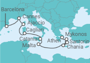 Reiseroute der Kreuzfahrt  Frankreich, Italien, Malta, Griechenland - Virgin Voyages