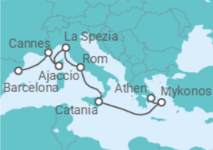 Reiseroute der Kreuzfahrt  Griechenland, Italien, Frankreich - Virgin Voyages