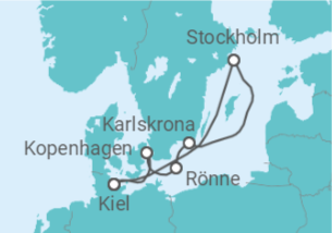 Reiseroute der Kreuzfahrt  Kiel • Kopenhagen • Bornholm • Karlskrona • Stockholm • Kiel - Nicko Cruises
