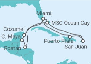 Reiseroute der Kreuzfahrt  Honduras, Mexiko, USA, Puerto Rico - MSC Cruises