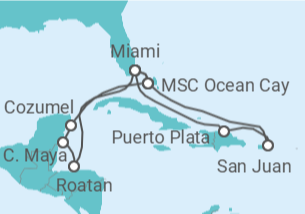Reiseroute der Kreuzfahrt  Puerto Rico, USA, Honduras, Mexiko - MSC Cruises
