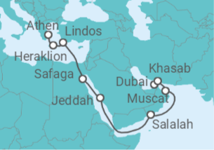 Reiseroute der Kreuzfahrt  Dubai • Oman • Saudi-Arabien • Ägypten • Rhodos • Kreta • Athen - Nicko Cruises