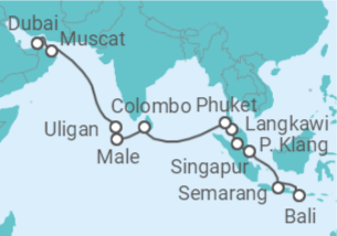 Reiseroute der Kreuzfahrt  Bali • Java • Singapur • Malaysia • Phuket • Sri Lanka • Malediven • Oman • Dubai - Nicko Cruises