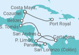 Reiseroute der Kreuzfahrt  Jamaika • Mexiko • Belize • Guatemala • Honduras • Kolumbien • Costa Rica • Panamakanal • Panama-Sta - Nicko Cruises