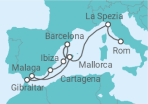 Reiseroute der Kreuzfahrt  Spanien, Italien & Gibraltar ab Barcelona - mit Flug - AIDA