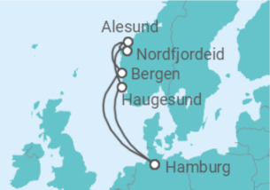 Reiseroute der Kreuzfahrt  Norwegen ab Hamburg - mit Flug - AIDA