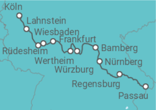 Reiseroute der Kreuzfahrt  Köln • Frankfurt • Würzburg • Nürnberg • Köln - Nicko Cruises