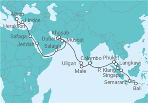 Reiseroute der Kreuzfahrt  Bali • Singapur • Malaysia • Phuket • Sri Lanka • Malediven • Dubai • Oman • Saudi-Arabien • Ägypten - Nicko Cruises