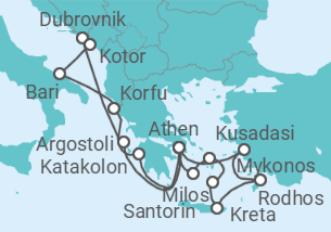 Reiseroute der Kreuzfahrt  Montenegro, Kroatien, Italien, Griechenland, Türkei - Celestyal Cruises
