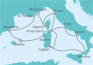 Reiseroute der Kreuzfahrt  An Extended Journey from Riviera Reverie to Scintillating Sardinia - Explora Journeys