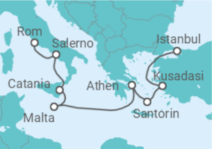 Reiseroute der Kreuzfahrt  Östliches Mittelmeer ab Rom nach Istanbul - NCL Norwegian Cruise Line