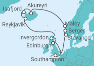 Reiseroute der Kreuzfahrt  Vereinigtes Königreich, Island, Norwegen - NCL Norwegian Cruise Line